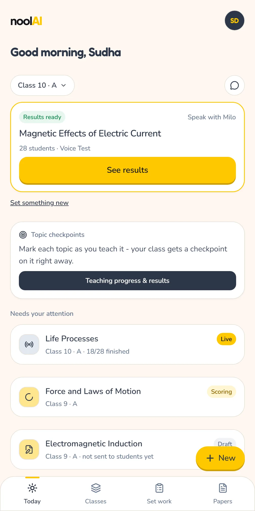 The teacher Today screen: results ready for a Speak with Milo test, and sessions that need attention